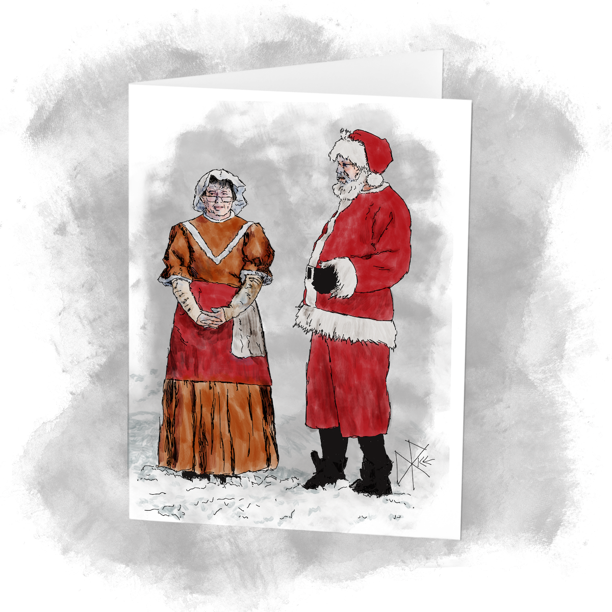 A woman and a man stand in the snow, dressed in red, white and sienna. Sketch art by Don Rice. A woman and a man stand in the snow, dressed in red, white and sienna. Sketch art by Don Rice.