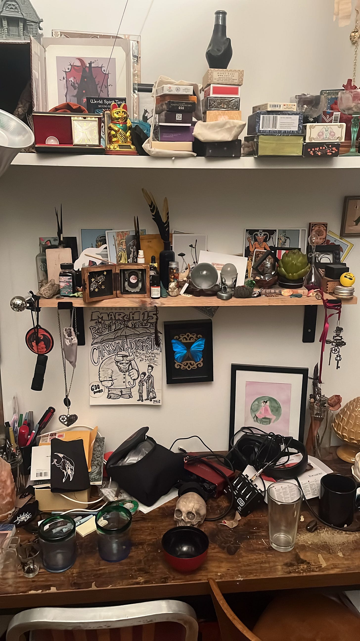 Tarot decks, occult objects and recording equipment arranged on a rehearsal studio desk Tarot decks, occult objects and recording equipment arranged on a rehearsal studio desk