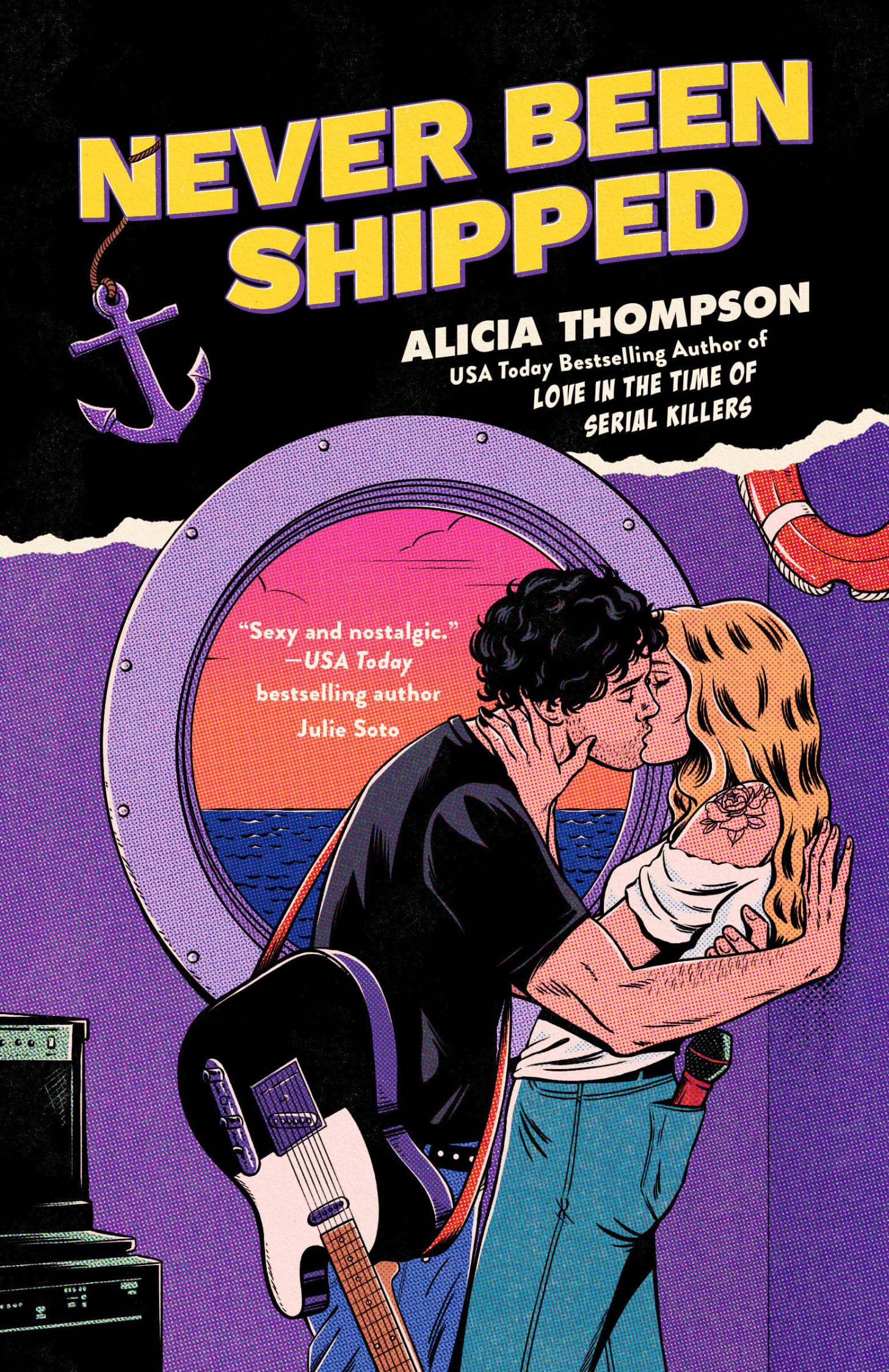 The cover of Never Been Shipped by Alicia Thompson shows a couple locked in a passionate embrace, in front of a ship's porthole window. The man has a guitar slung across his back. The woman has long blonde hair.