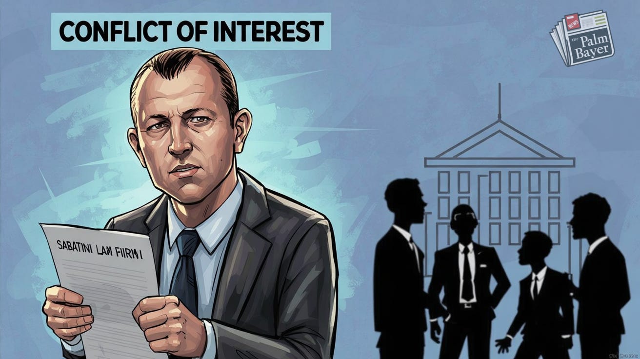 Cartoon illustration of Chandler Langevin holding a letter labeled “Sabatini Law Firm,” facing away from silhouetted city officials standing near a generic city hall building under the words “Conflict of Interest.” Cartoon illustration of Chandler Langevin holding a letter labeled “Sabatini Law Firm,” facing away from silhouetted city officials standing near a generic city hall building under the words “Conflict of Interest.”