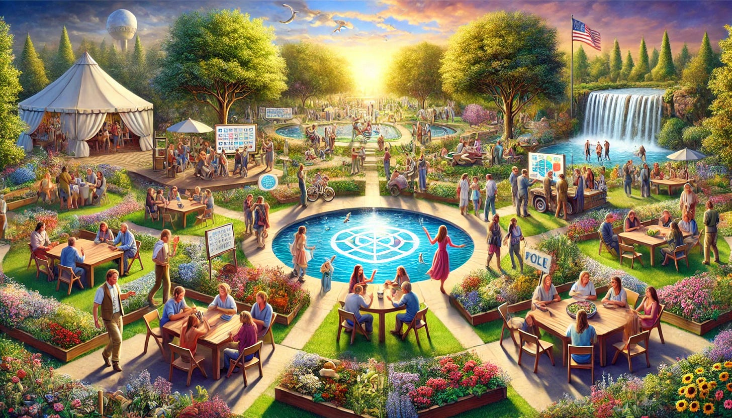 A landscape scene highlighting both the individual and the community engaging in a democratic process within a salutogenic paradigm. The setting is a vibrant outdoor forum where individuals are actively participating in discussions, surrounded by nature, including trees, flowers, and water features that symbolize health and well-being. The image shows people expressing their ideas, casting votes, and collaborating, with some having reflective moments alone to emphasize personal agency and responsibility. The scene integrates a balance of individual flourishing and collective engagement, with an optimistic atmosphere that emphasizes growth, trust, and the health of both the person and the community.