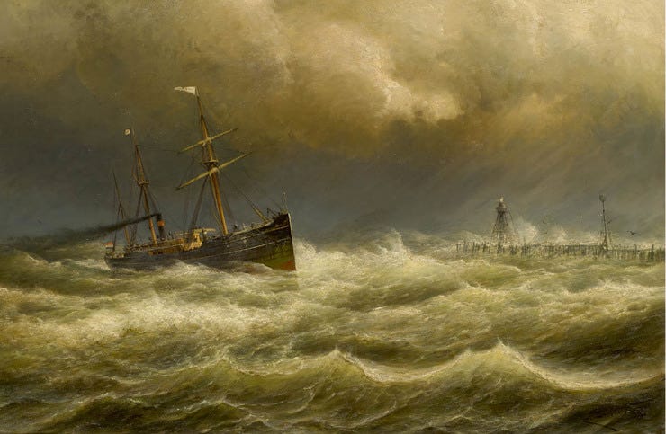 'Bateau à vapeur atlantique à l'entrée du nouveau canal de Rotterdam' - olieverf op doek: Cornelis Dommelshuizen 'Bateau à vapeur atlantique à l'entrée du nouveau canal de Rotterdam' - olieverf op doek: Cornelis Dommelshuizen