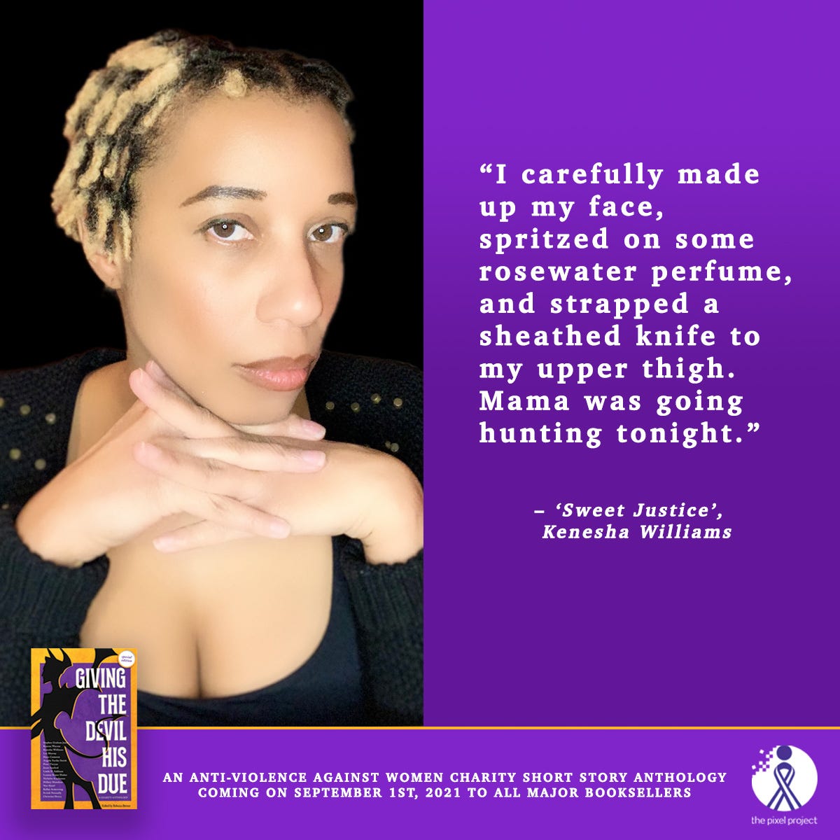 Headshot of me with an excerpt from my story 'Sweet Justice'