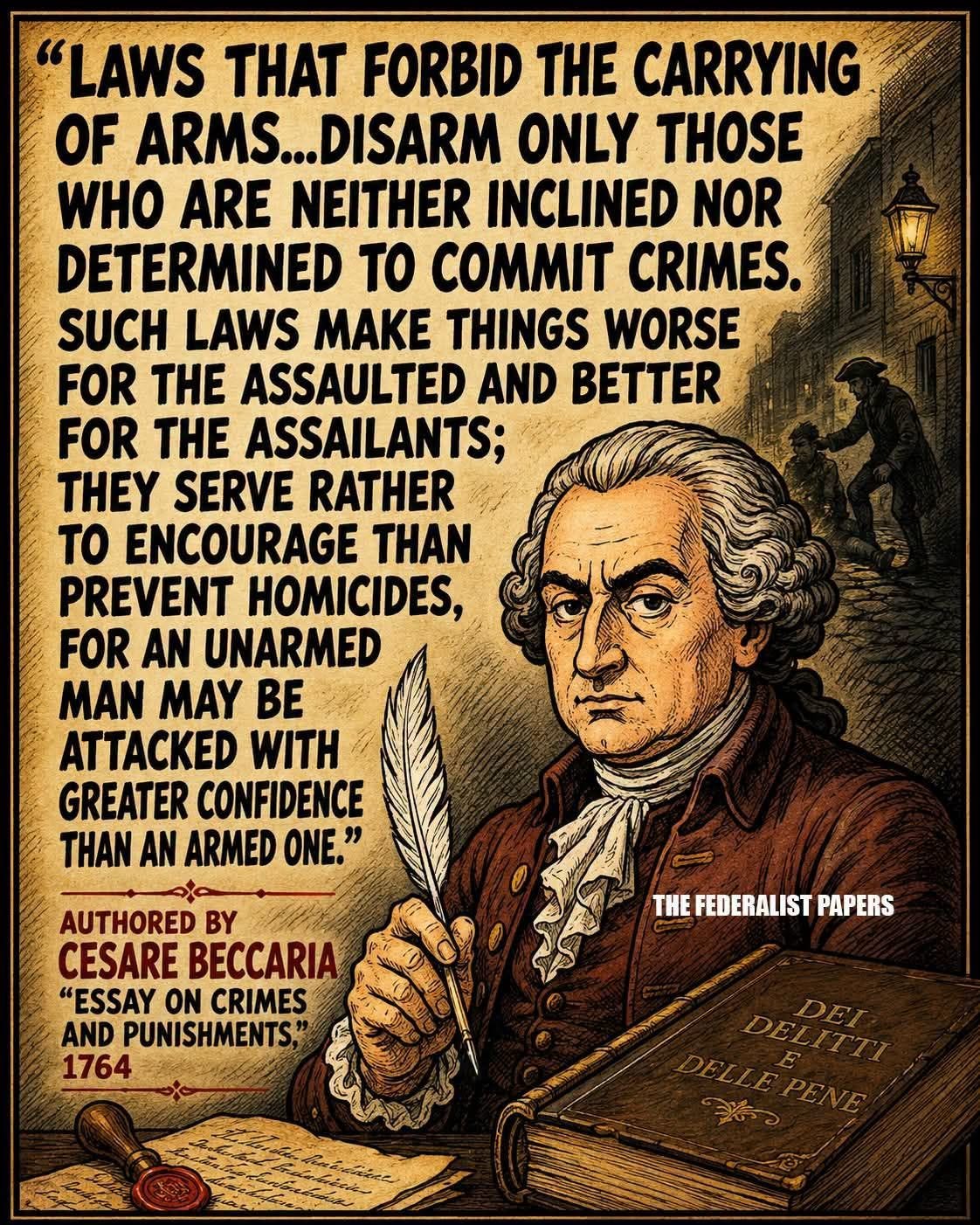 May be an image of text that says '"LAWS THAT FORBID THE CARRYING OF ARMS. ...DISARM ONLY THOSE WHO ARE NEITHER INCLINED NOR DETERMINED TO MMT CRIMES. SUCH LAWS MAKE THINGS WORSE FOR THE ASSAULTED AND BETTER FOR E ASSAILANTS; THEY SERVE RATHER to ENCOURAGE THAN PREVENT HOMICIDES, FOR AN UNARMED MAN MAY BE ATTACKED WITH GREATER CONFIDENCE THAN AN ARMED ONE. AUTHORED BY CESARE BECCARIA "ESSAY ON CRIMES AND PUNISHMENTS, 1764 THE FEDERALIST THEFEDERALISTPAPERS PAPERS'