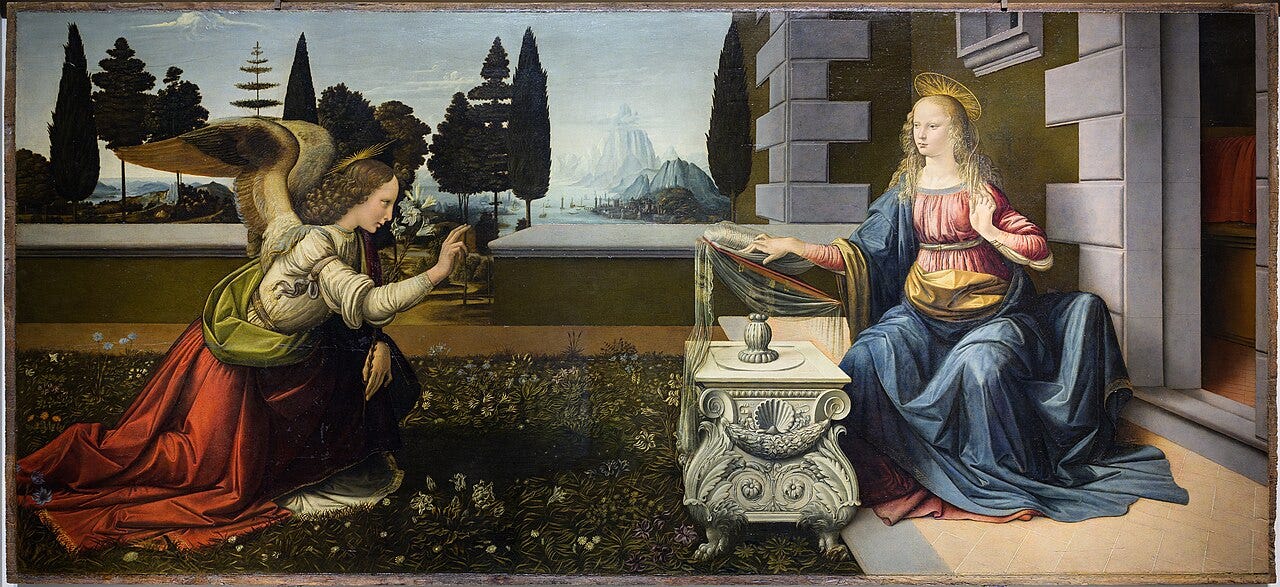 Leonardo's Annunciation, an angel kneeling before Mary beside a white lily Leonardo's Annunciation, an angel kneeling before Mary beside a white lily