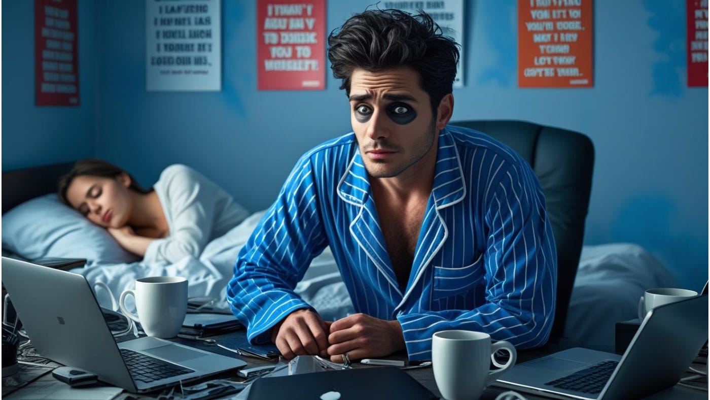 A tired man at 5 A.M. sitting at a cluttered desk with multiple laptops and empty coffee mugs, while his wife sleeps peacefully in the background.
