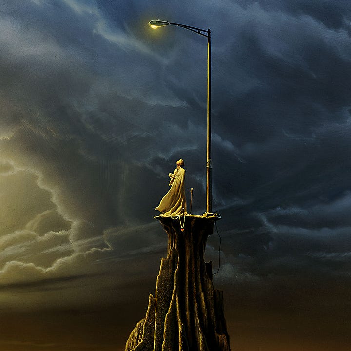 LEFT: Detail of solitary figure in white robes standing on a platform of eroding earth beneath a yellow streetlight. A violent storm front brews in the background, while there is no escape below as the earth has eroded to a peak of thin meandering ridges. RIGHT: Close detail of solitary figure in white robes standing under a yellow streetlight on a platform of eroding earth. She holds an ammonite fossil in one hand with the other pressed to her chest as she looks up. At her feet a chain dangles over the edge holding a small red glass heart. Beneath the base of the lamppost, a length of wire is exposed until is feeds back into the earth below.