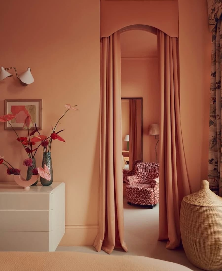 peach double drenched bedroom with accessories