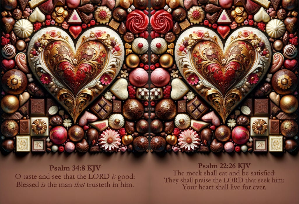 Psalm 34:8 and Psalm 22:26 KJV Valentine's Day Card Box - O taste and see that the Lord is good: Blessed is the man that trusteth in him. | The meek shall eat and be satisfied: They shall praise the Lord that seek him: Your heart shall live for ever. 