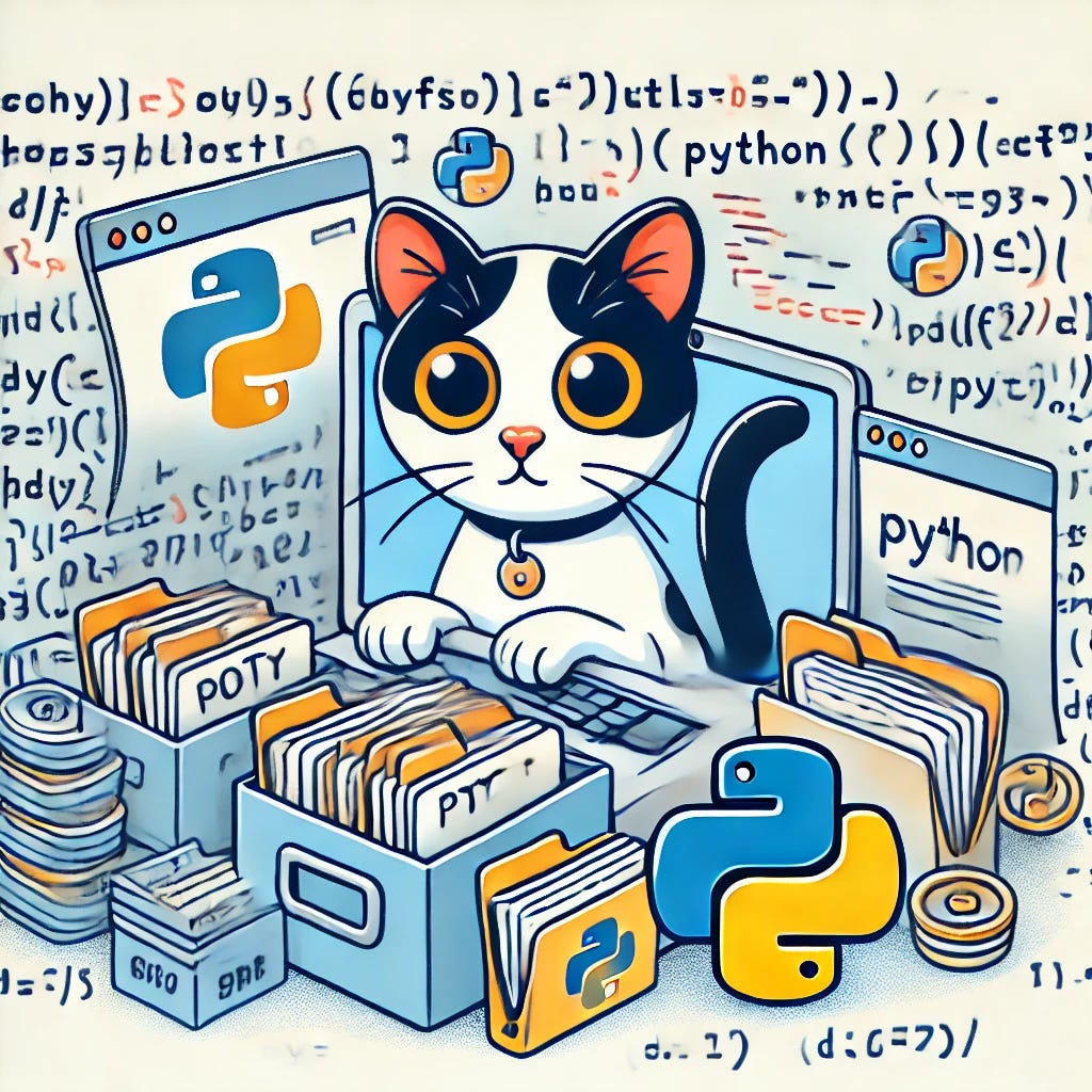 An illustration of a curious cat managing large data files in Python, surrounded by code and files, with a playful yet tech-focused vibe.
