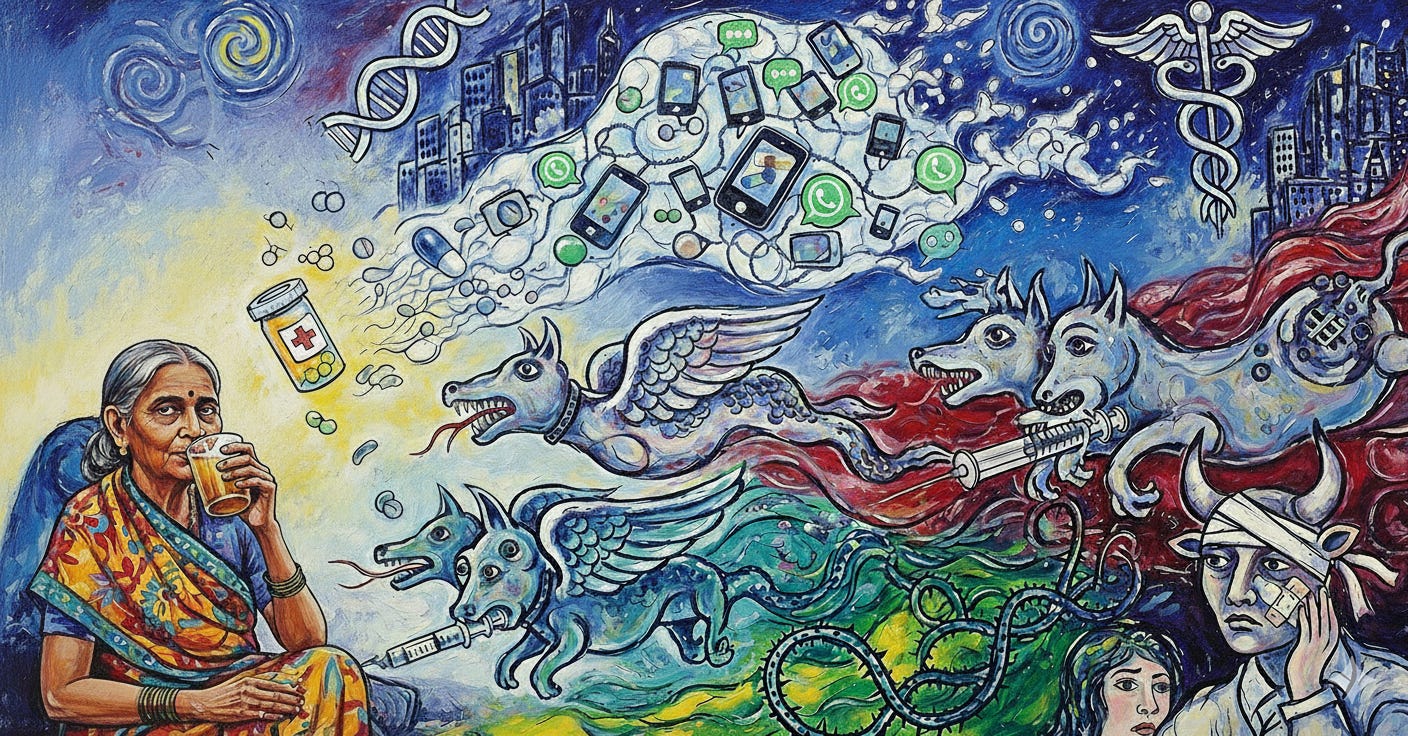 Image depicting signs of mobile phones, whatsapp, pills, dreamlike figures, syringes, and a grandma drinking a whisky hot toddy in the corner