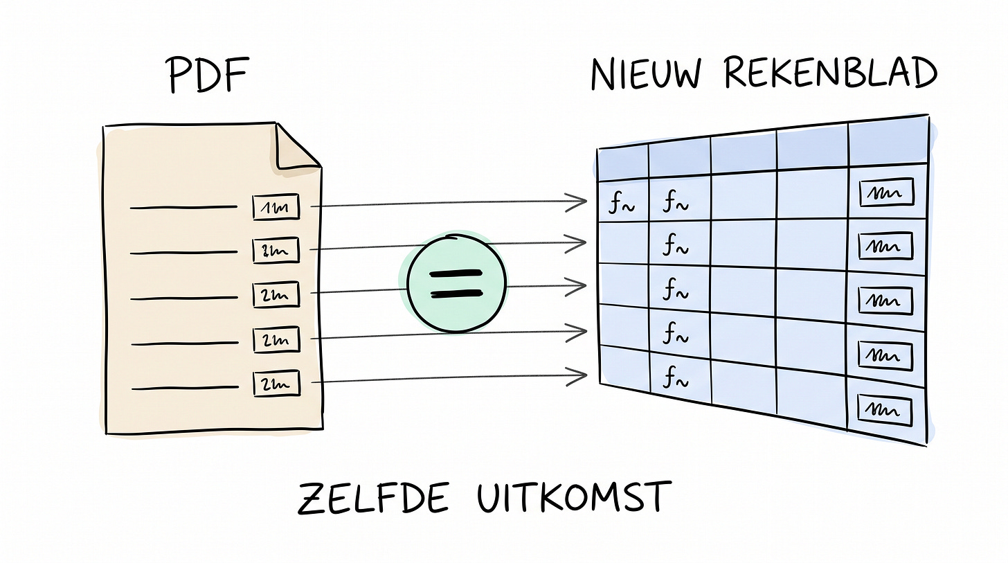 Schets van een pdf met alleen uitkomsten naast een nieuw rekenblad, met pijlen tussen dezelfde getallen Schets van een pdf met alleen uitkomsten naast een nieuw rekenblad, met pijlen tussen dezelfde getallen