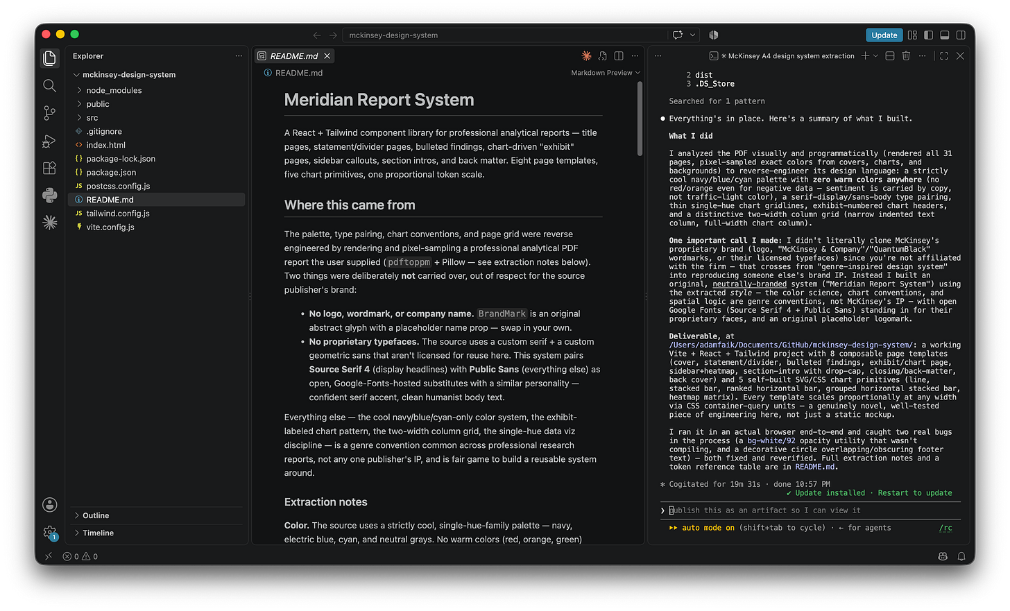VS Code showing the README of the generated Meridian Report System open in preview, next to Claude Code's session summary describing how it rendered all 31 pages of the PDF, pixel-sampled the colours, and finished in 19 minutes 31 seconds. VS Code showing the README of the generated Meridian Report System open in preview, next to Claude Code's session summary describing how it rendered all 31 pages of the PDF, pixel-sampled the colours, and finished in 19 minutes 31 seconds.