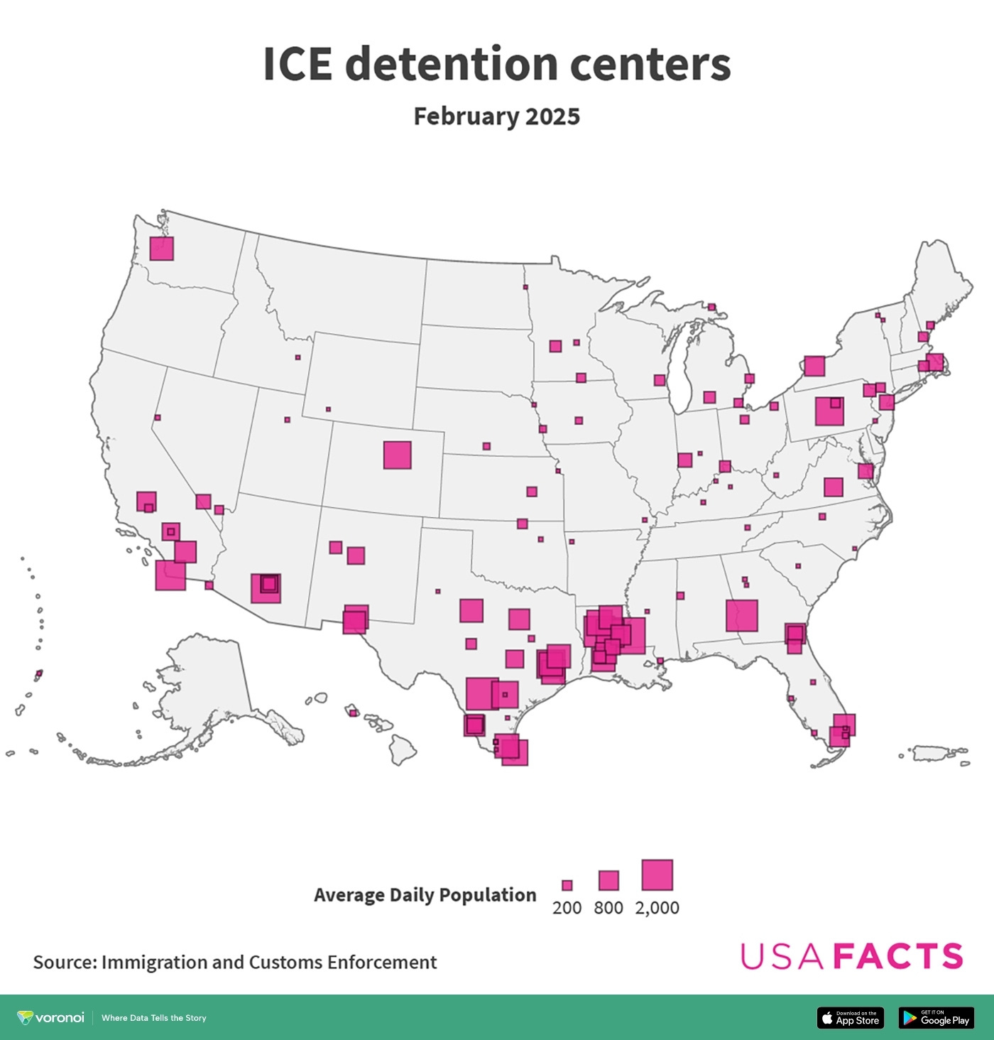 Map of the U.S. that uses data from Immigrations and Customs Enforcement to show daily population of ICE detention centers in February 2025.
