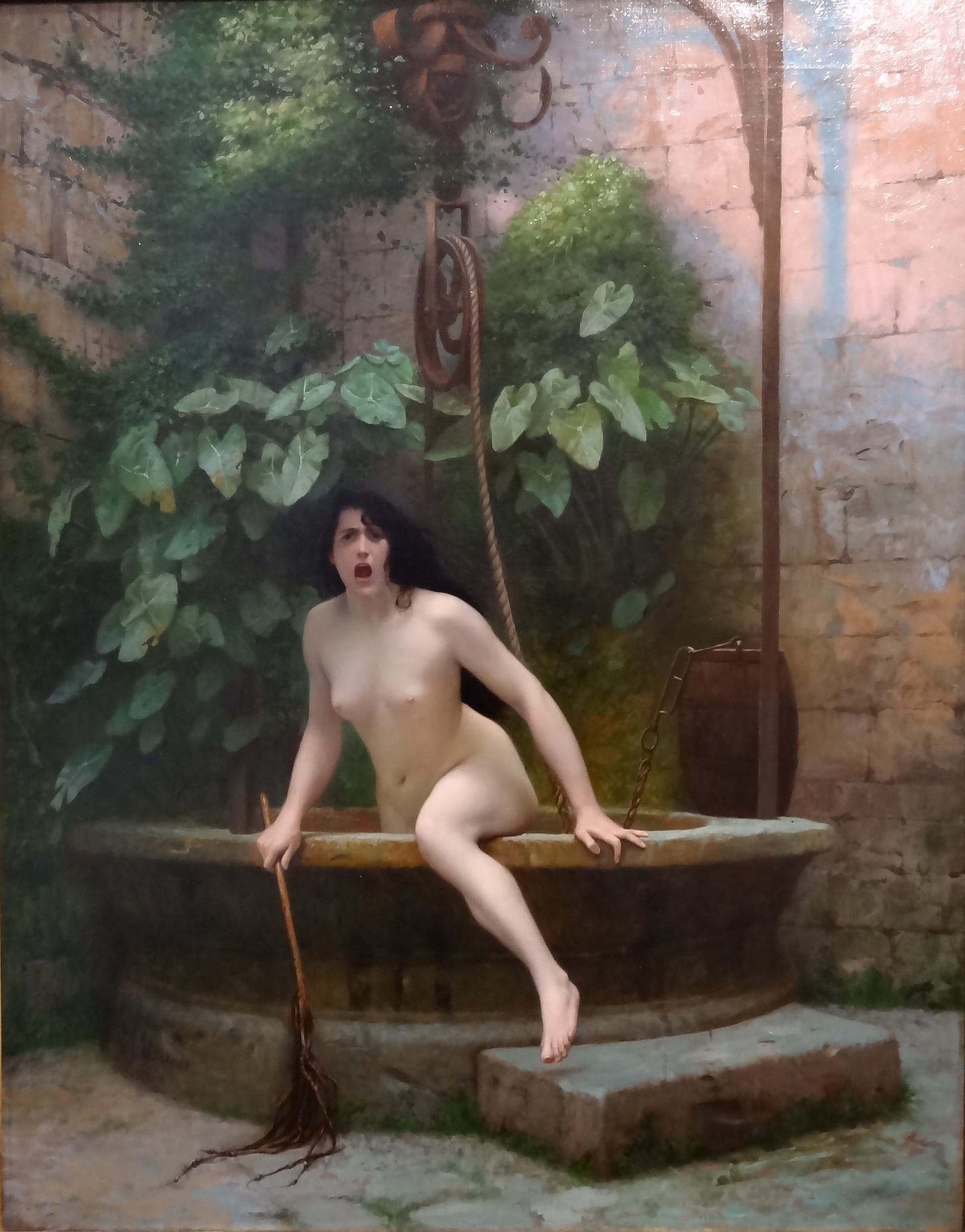 Truth Coming Out of Her Well, a nude woman climbing from a stone well with a raised whip Truth Coming Out of Her Well, a nude woman climbing from a stone well with a raised whip