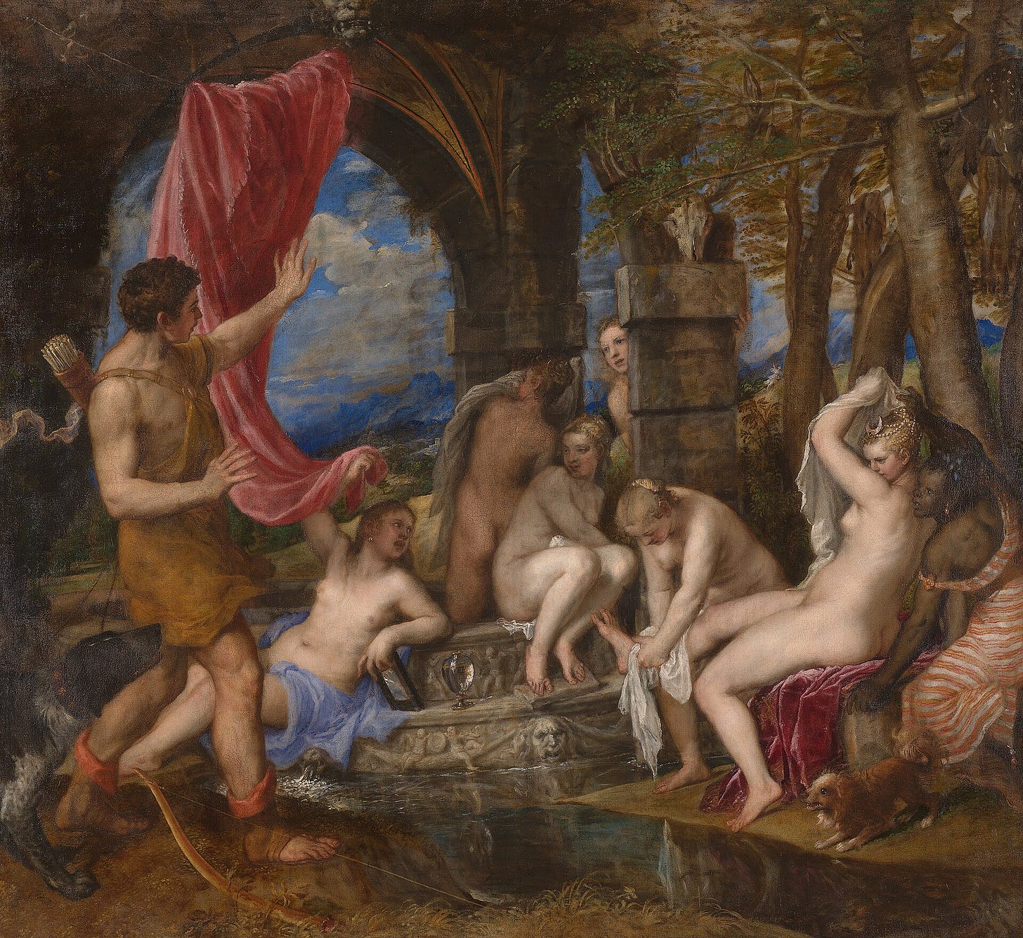 A young hunter pulls back a red curtain and finds naked women bathing at a fountain, one of them, with a crescent moon in her hair, glaring back at him. A young hunter pulls back a red curtain and finds naked women bathing at a fountain, one of them, with a crescent moon in her hair, glaring back at him.