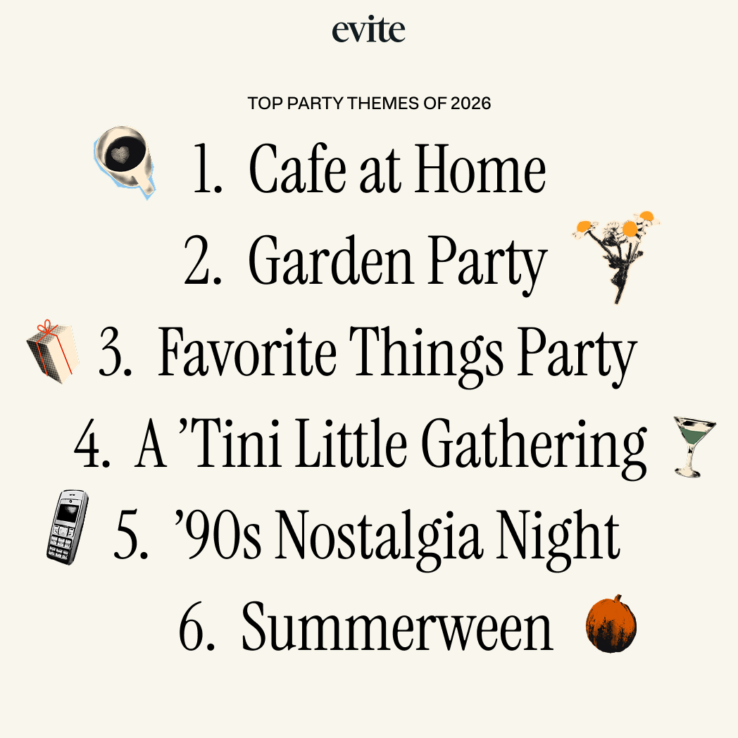 List of top 2026 party themes including Café at Home, Garden Party, Favorite Things Party, ’Tini Little Gathering, ’90s Nostalgia Night, and Summerween, with small decorative icons.