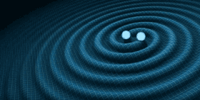 An animated GIF showing two orbiting objects, likely black holes or neutron stars, generating gravitational waves. The objects spiral towards each other, creating ripples in the surrounding space-time fabric. The waves radiate outward in concentric circles, visually representing the concept of gravitational waves as predicted by Einstein's theory of general relativity.
