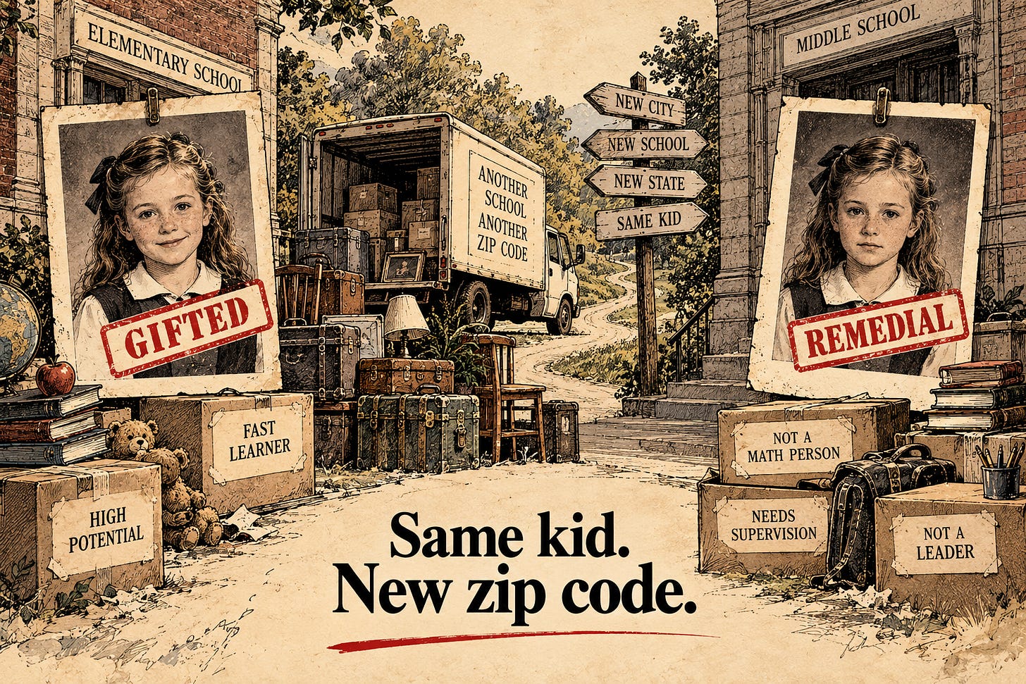 A sepia illustration of the same girl's school photo twice: outside an elementary school, stamped GIFTED, with boxes labelled FAST LEARNER and HIGH POTENTIAL; outside a middle school, stamped REMEDIAL, with boxes labelled NOT A MATH PERSON, NEEDS SUPERVISION and NOT A LEADER. Between them a moving truck reads ANOTHER SCHOOL ANOTHER ZIP CODE beside a signpost: NEW CITY, NEW SCHOOL, NEW STATE, SAME KID. Caption: Same kid. New zip code. A sepia illustration of the same girl's school photo twice: outside an elementary school, stamped GIFTED, with boxes labelled FAST LEARNER and HIGH POTENTIAL; outside a middle school, stamped REMEDIAL, with boxes labelled NOT A MATH PERSON, NEEDS SUPERVISION and NOT A LEADER. Between them a moving truck reads ANOTHER SCHOOL ANOTHER ZIP CODE beside a signpost: NEW CITY, NEW SCHOOL, NEW STATE, SAME KID. Caption: Same kid. New zip code.