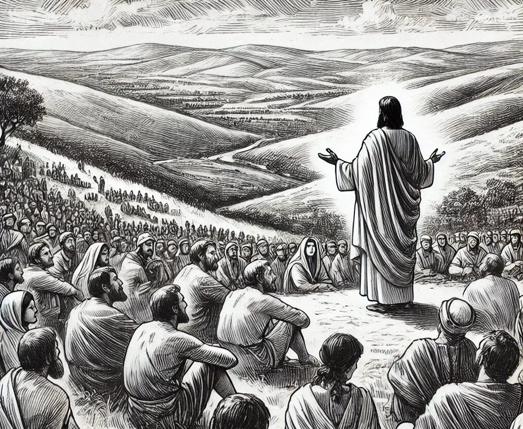 A black and white sketch of the Sermon on the Mount, depicting Jesus standing on a hillside, surrounded by a large crowd of attentive listeners. The drawing should be detailed, in a pencil or ink sketch style, capturing the serene and spiritual atmosphere of the scene. The landscape should include rolling hills in the background, with people seated or standing, listening intently. The composition should focus on Jesus as the central figure, radiating wisdom and compassion.