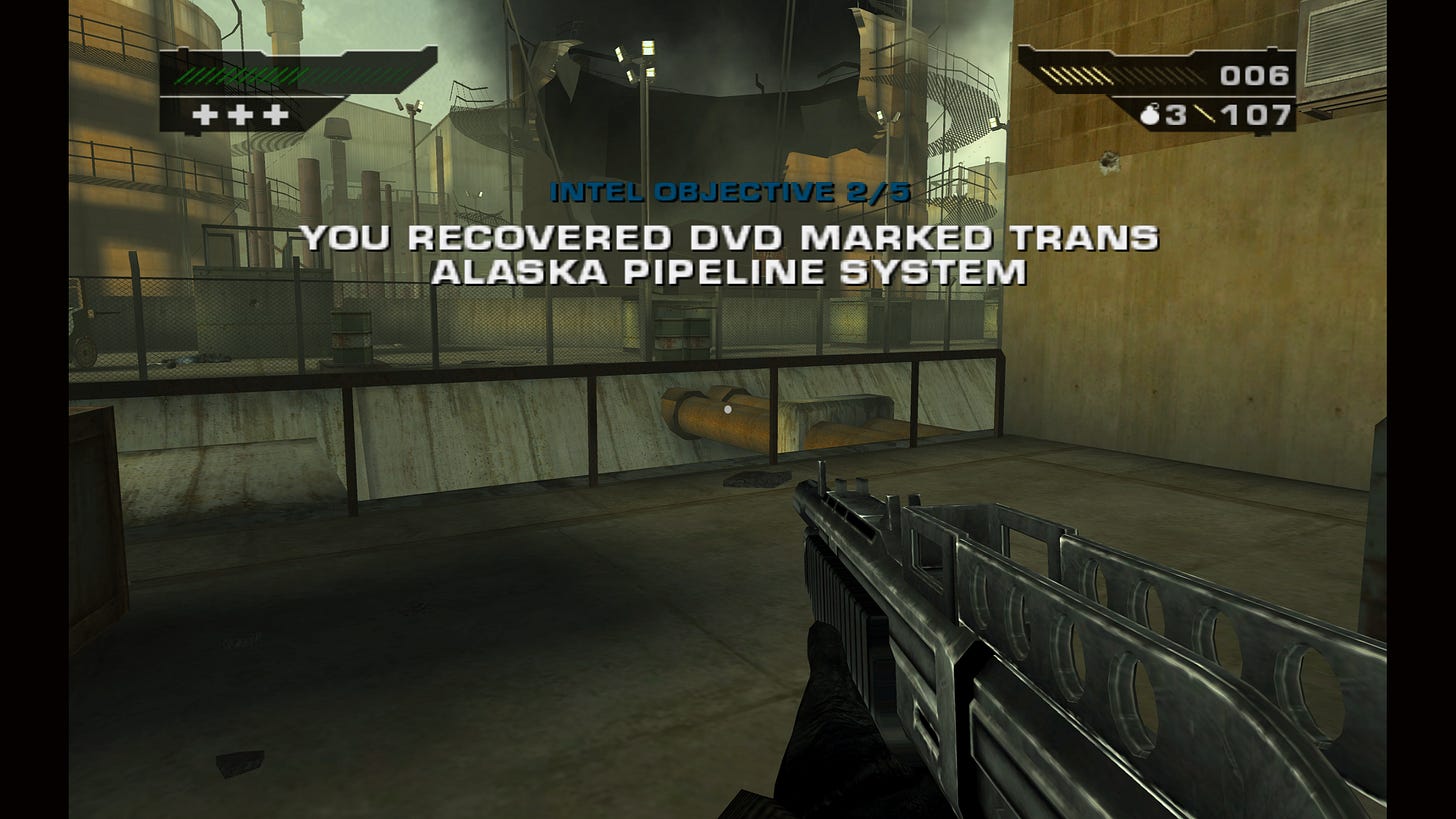 Another look at a detailed gun — this time a combat shotgun — and an intel objective completed. A recovered DVD showing the Trans Alaska Pipeline System