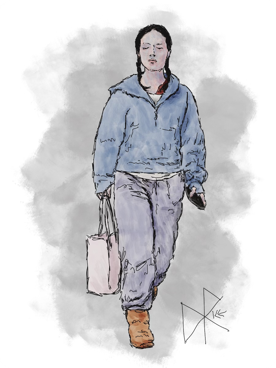 A woman walking, dressed in a sweatshirt and sweatpants and Uggs. She carries a bag in one hand and phone in the other. Sketch art by Don Rice.