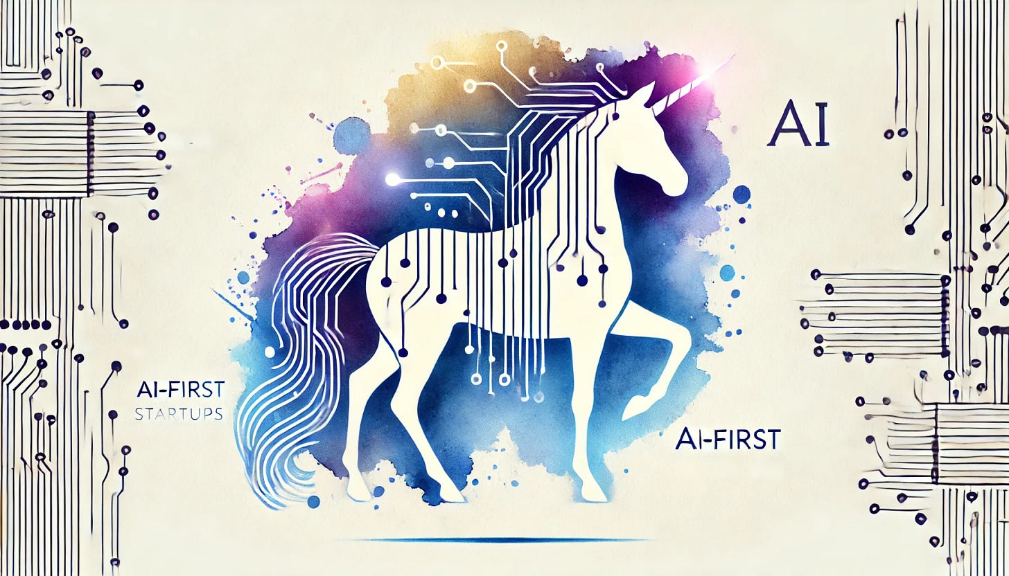An ultra-minimalist watercolor illustration of a unicorn representing AI-first startups. The unicorn is abstract and simplified, with a smooth body outline and a glowing circuit-inspired mane and horn, symbolizing innovation and technology. The background is mostly white with faint, blended watercolor accents in vibrant blues, purples, and golds, emphasizing brilliance and modernity. The composition conveys elegance, simplicity, and the power of AI-driven innovation.