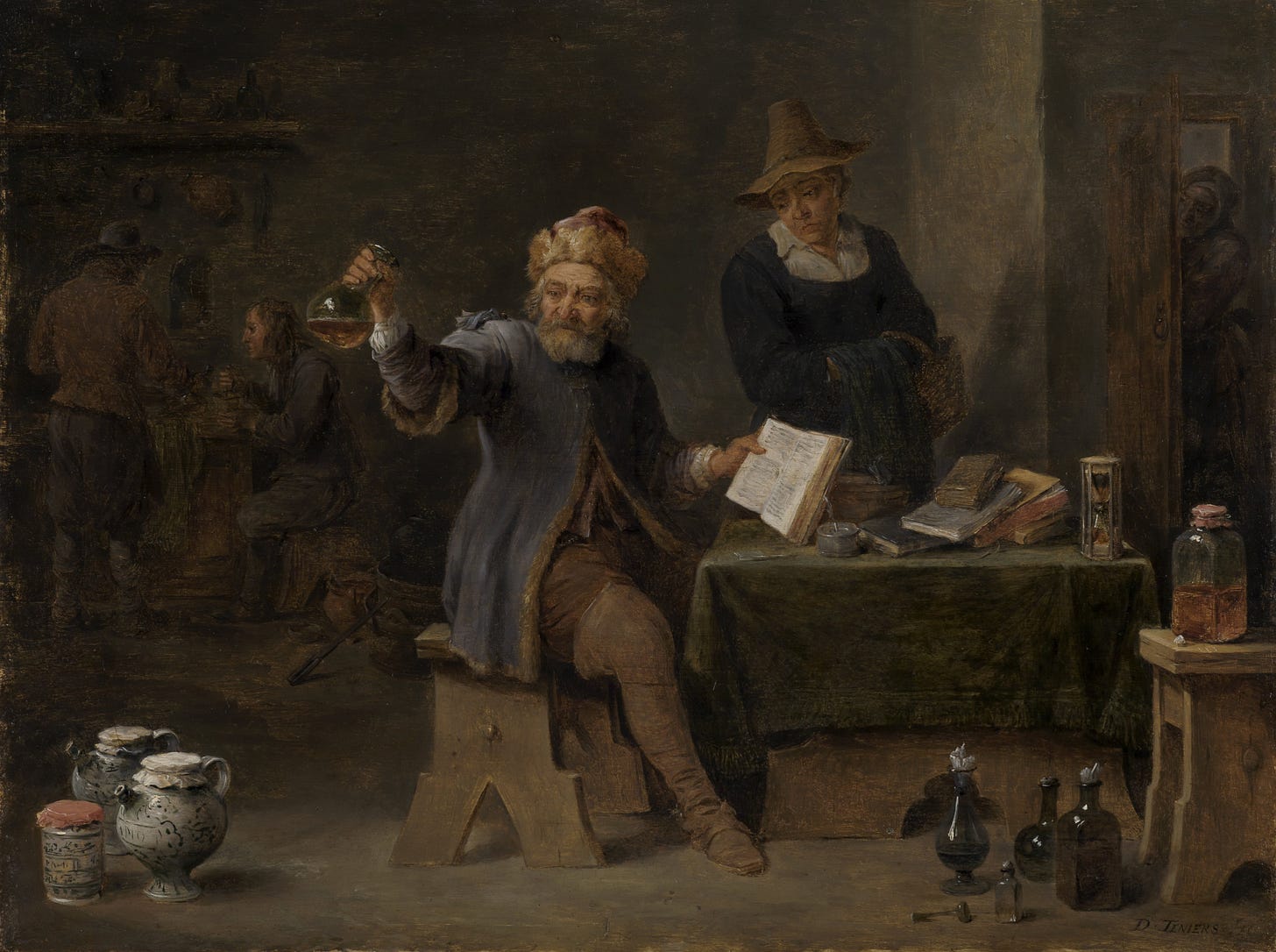 David Teniers the Younger, The Village Doctor: a man examining a flask of urine at a window David Teniers the Younger, The Village Doctor: a man examining a flask of urine at a window