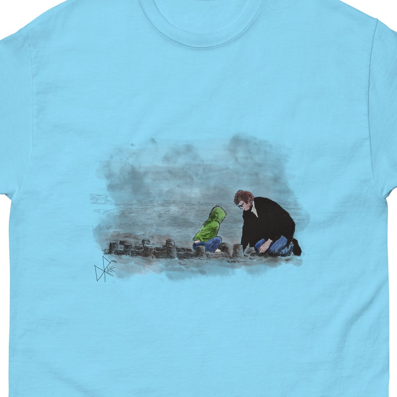 Father and child, jacketed for the somewhat cool weather, building a sand fort on the beach. Sketch art by Don Rice. Father and child, jacketed for the somewhat cool weather, building a sand fort on the beach. Sketch art by Don Rice.
