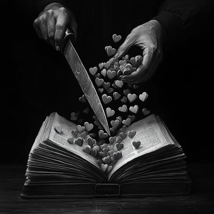 Image of hands coming from the dark, holding a knife over a book from which hearts are pouring out