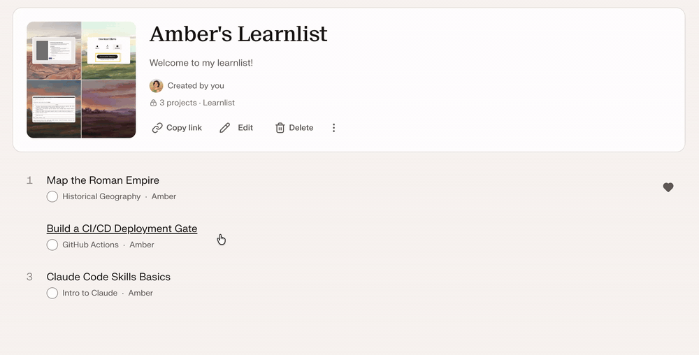 Dragging a project to a new place in a learnlist