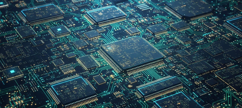 Text-free poster showcasing intricate digital chip layout and circuits. Text-free poster showcasing intricate digital chip layout and circuits.