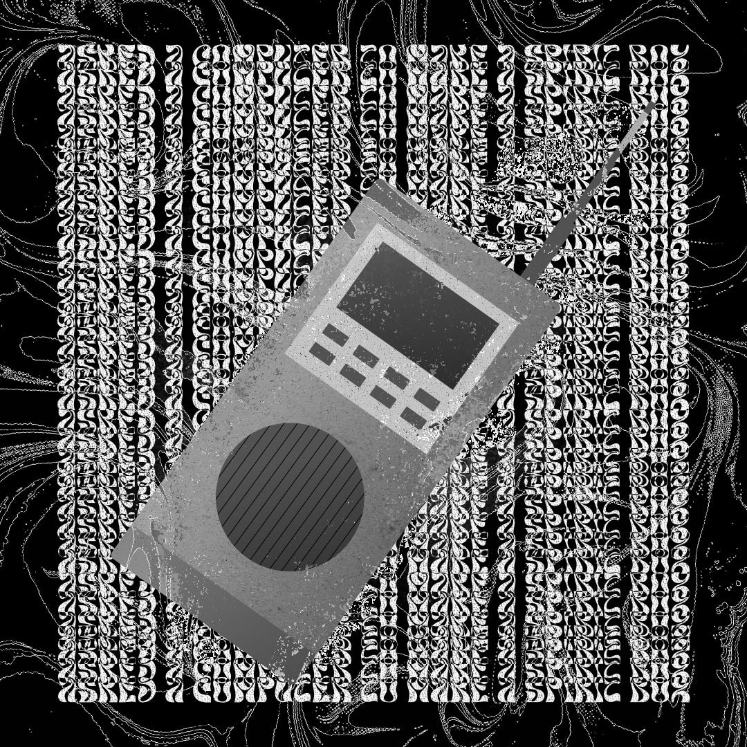 A digital drawing of a SB-7 spirit box with a swirly pattern overlaid and in the background, with repeated glitchy 70s text spelling out "asked a computer to make a spirit box" behind it. A digital drawing of a SB-7 spirit box with a swirly pattern overlaid and in the background, with repeated glitchy 70s text spelling out "asked a computer to make a spirit box" behind it.