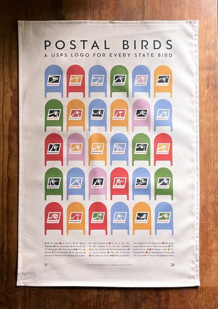 Tea towel featuring USPS postal boxes with state bird designs- birds other than the iconic eagle. 