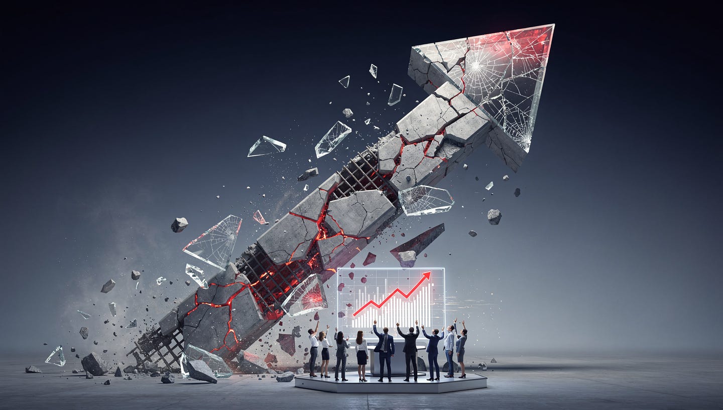 A conceptual business illustration showing a large upward arrow made of crumbling concrete or fractured glass, symbolizing growth that destroys itself. The arrow is rising but breaking apart from the inside, with cracks spreading across its surface and fragments falling down. At the base, small figures of businesspeople celebrate the rising numbers on a glowing screen, unaware of the structural damage above. The color palette uses deep navy blue, cold grays, and sharp red accents to convey tension and warning. The style is cinematic, editorial, and slightly dramatic — suitable for a financial magazine cover. Clean background with subtle depth of field. 16:9 format.
