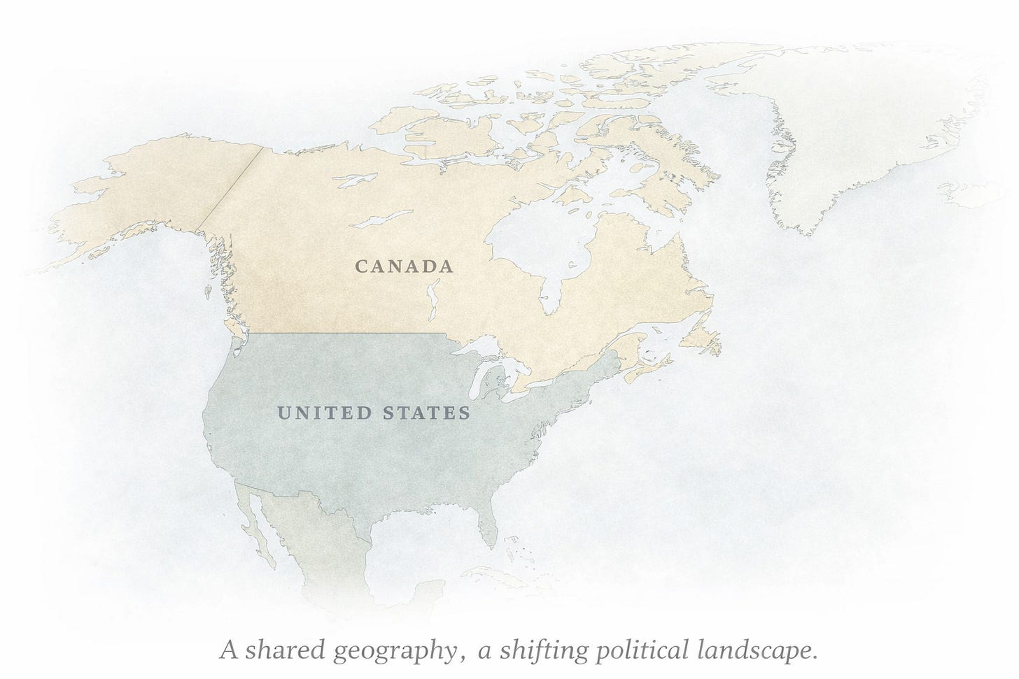 Minimalist map of North America showing Canada and the United States in muted, neutral colours, emphasizing their shared landmass and long border without highlighting political leaders, events, or conflict. Minimalist map of North America showing Canada and the United States in muted, neutral colours, emphasizing their shared landmass and long border without highlighting political leaders, events, or conflict.