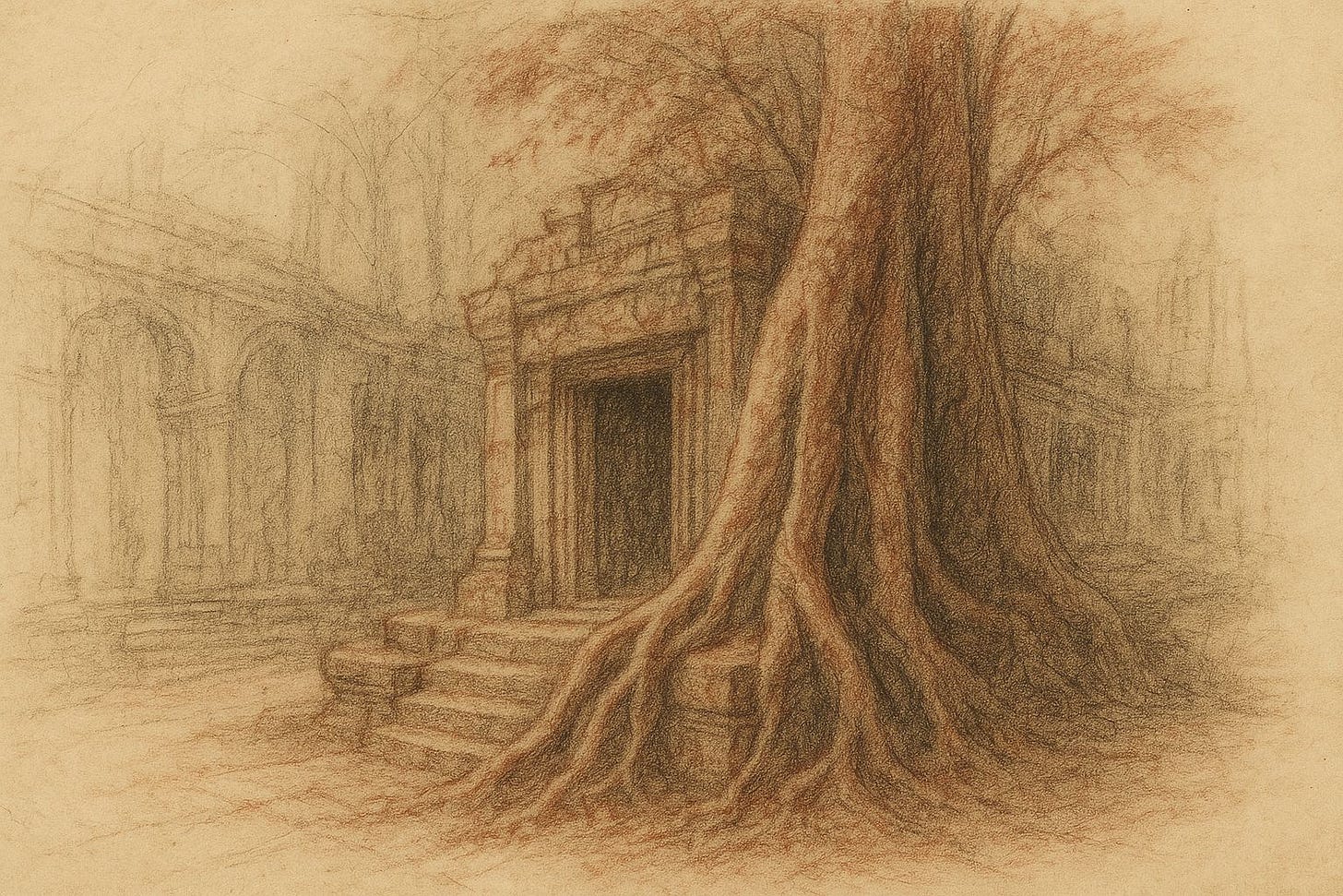 Red and black chalk drawing of Ta Prohm temple entwined with vast roots, light diffused through mist — a quiet threshold of stone and tree.