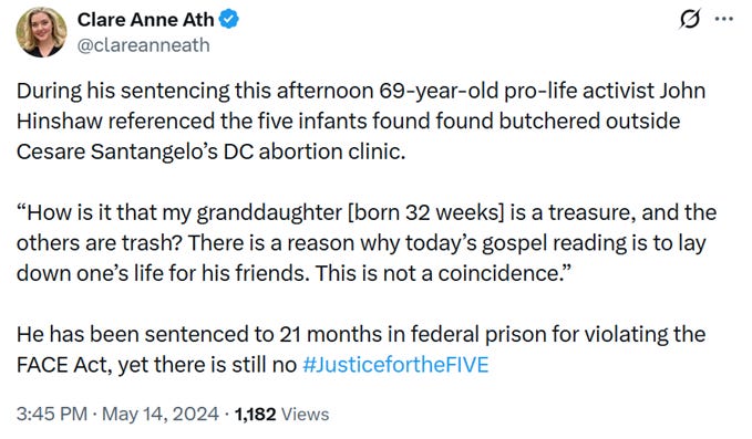 A tweet by Clare Ann Ath describing the prison sentencing of a pro-life activist