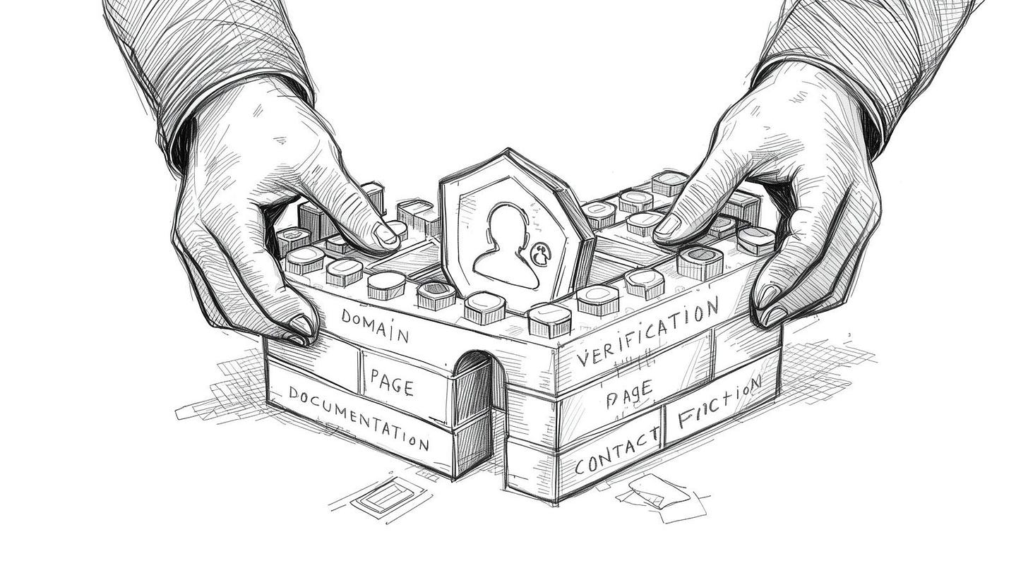 Hands building protective fortress from verification tools around profile identity icon Hands building protective fortress from verification tools around profile identity icon