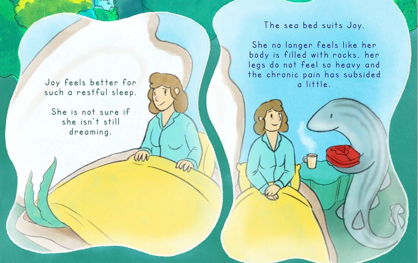image of joy, a white woman presenting with brown hair in blue pyjamas under a yellow blanket sitting up in a clam shell with the text 'Joy feels better for such a restful sleep. she is not sure if she is still dreaming.' next to an image of Joy being presented with new clean pyjamas by a pyjama shark.