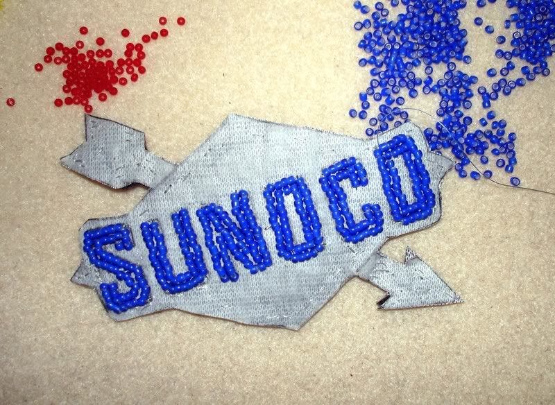 Sunoco station citgo beaded boston trolley pop art bead embroidery artist beadwork beading seed beads Sunoco station citgo beaded boston trolley pop art bead embroidery artist beadwork beading seed beads