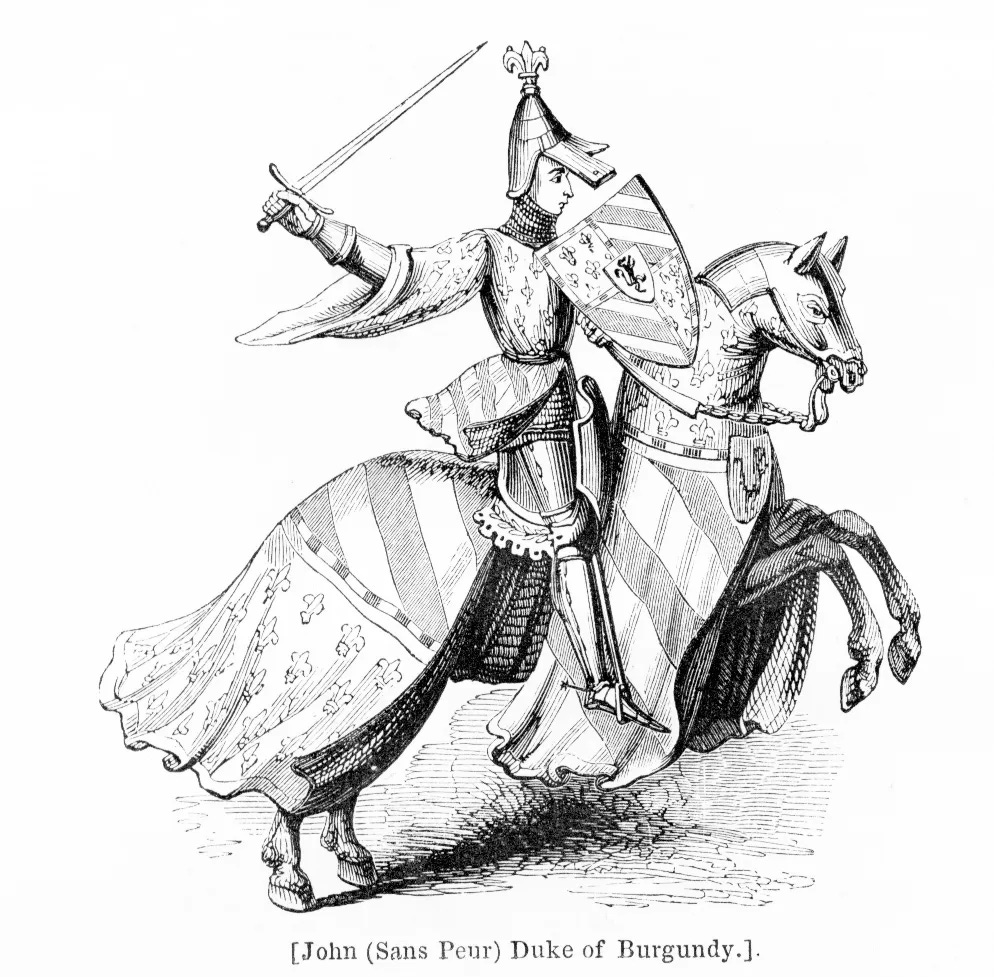 Black and white etching of a fully armored man on an armored horse, with the caption 'John (Sans Peur) Duke of Burgundy'.