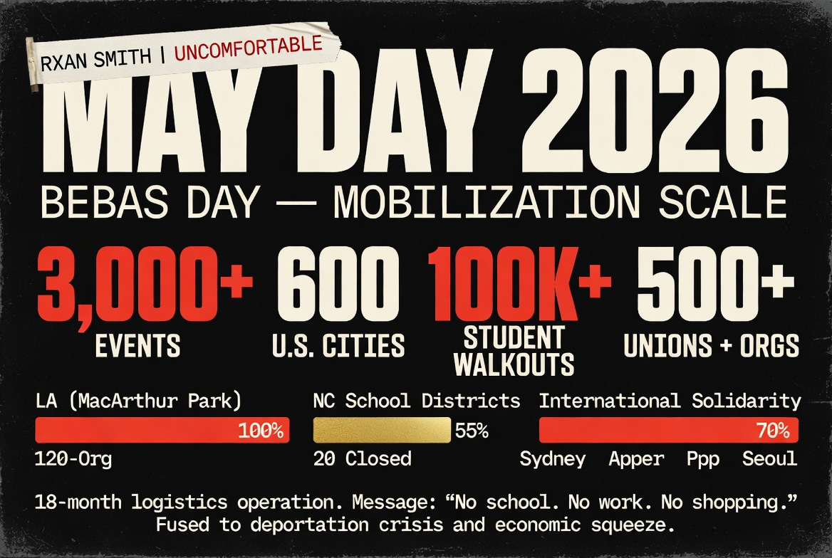 Rxan Smith Uncomfortable May Day 2026 Mobilization Scale. 3,000+ events, 600 U.S. cities, 100K+ student walkouts, 500+ unions and organizations. Largest single-day labor mobilization in years. Political organizing data visualization from Rxan Smith Uncomfortable newsletter.