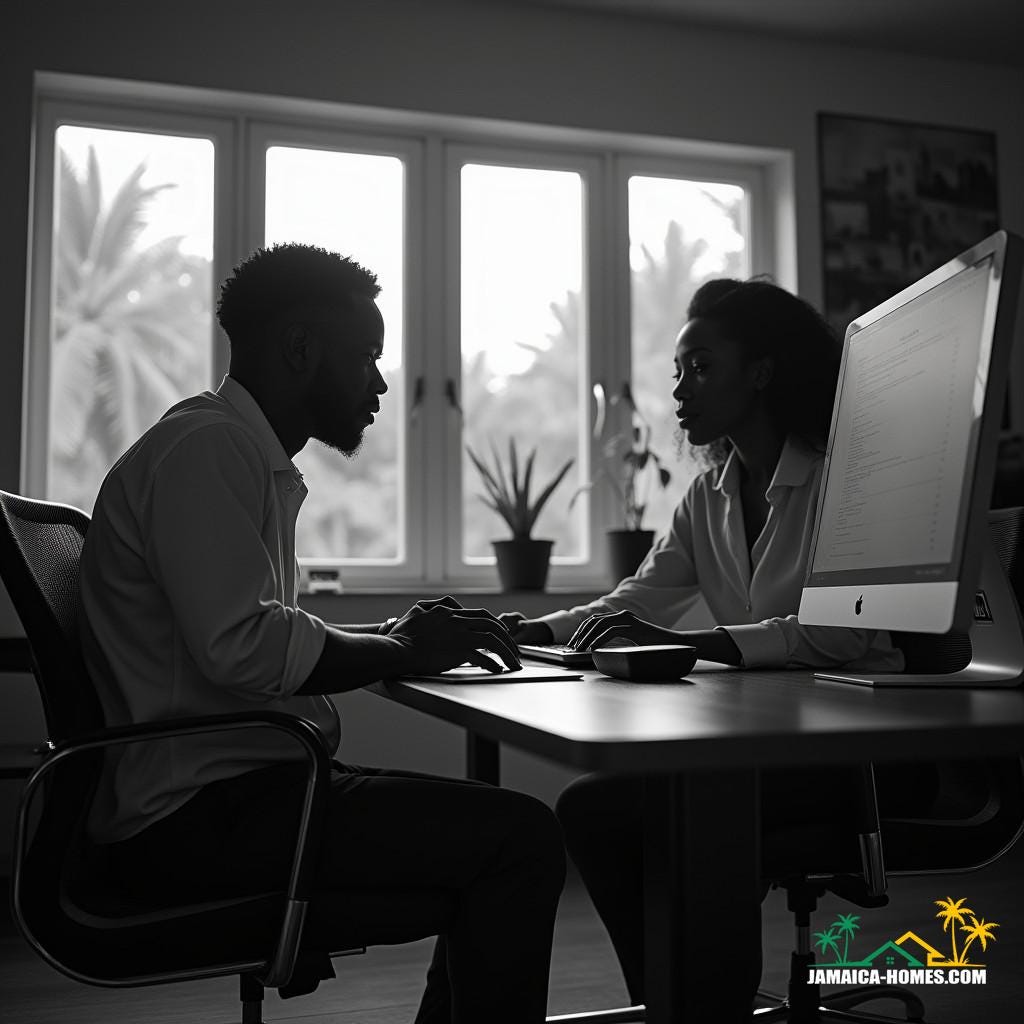 Two black real estate agents, dressed in professional attire, sit in a modern Jamaican office, surrounded by Caribbean architectural elements, utilizing a computer to streamline tasks with AI-powered tools like ChatGPT, as cinematic lighting pours in through the windows, casting a warm glow on their focused faces, captured in a stunning, high-contrast, black and white film still, shot on a V-Raptor XL camera, with a hint of film grain, subtle vignette, and precise color grading, evoking the timeless feel of 35mm film, post-processed to perfection, exuding an atmospheric, epic quality, reminiscent of the works of cinematographers like Emmanuel Lubezki and Roger Deakins, with a dash of Gordon Parks' mastery of light and shadow.