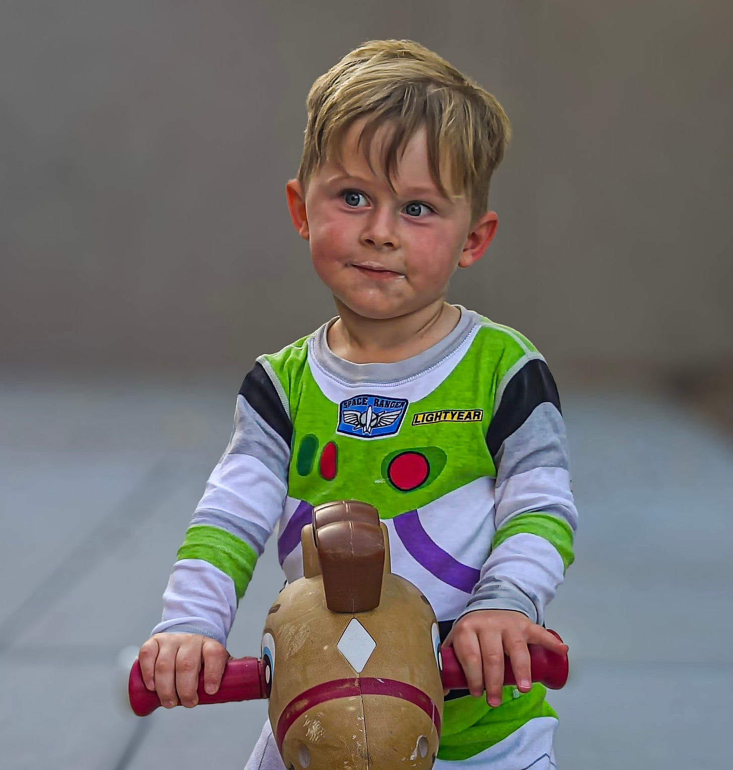 A boy playing on a riding horse A boy playing on a riding horse