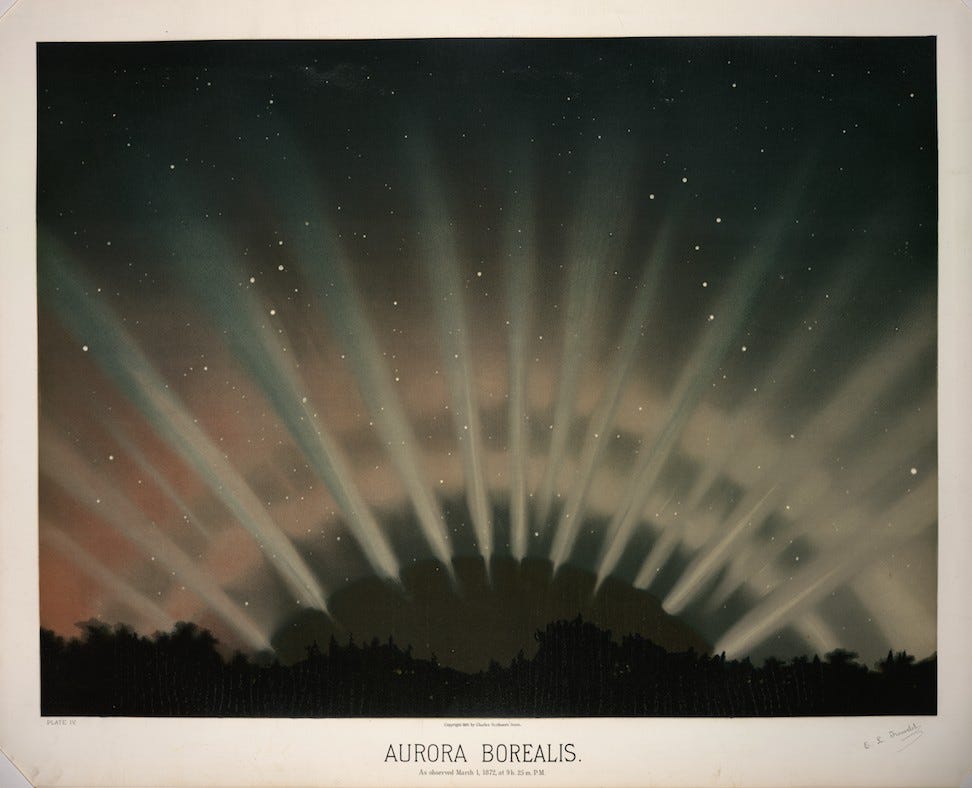 An image added by cosmos on Jul 11, 2024. May present: aurora borealis by étienne léopold trouvelot, the trouvelot astronomical drawings manual, the huntington library, art museum, and botanical gardens, solar eclipse of july 29, 1878, aurora.