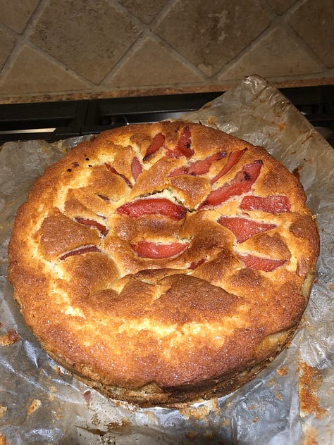 Three photos: a cake with slices of quince on top; passion fruit, which is purple and ribbed (“wrinkled”); the inside of passion fruit, which has a gelatinous yellow fruit with many black seeds.