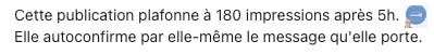 Cette publication plafonne à 180 impressions après 5h. Elle autoconfirme par elle-même le message qu'elle porte. Cette publication plafonne à 180 impressions après 5h. Elle autoconfirme par elle-même le message qu'elle porte.