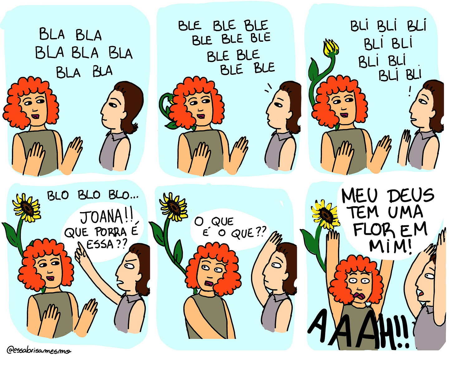 painel de seis quadrinhos em estilo cartum. quadro 1: duas mulheres conversando, uma é branca de cabelo ruivo e está falando 'bla bla bla'. a outra, de cabelo castanho, apenas ouve. no quadro 2, vê-se nas costas da ruiva saindo um ramo verde. ela segue falando sem notar, 'ble ble ble ble'. no quadro 3, a moça de cabelo castanho nota a flor que está surgindo nas costas da ruiva. ela segue falando bli bli bli bli. no quadro 4, enquanto a ruiva segue falando blo blo blo, a de cabelo castanho aponta para a flor e fala "Joana, que porra é essa??". No quadro 5, Joana (a ruiva) olha para trás enquanto fala "o que é o que?". No quadro 6 ambas parecem chocadas, braços pro alto, gritando. Joana diz "MEU DEUS TEM UMA FLOR EM MIM". no canto inferior, a assinatura @essabrisamesmo