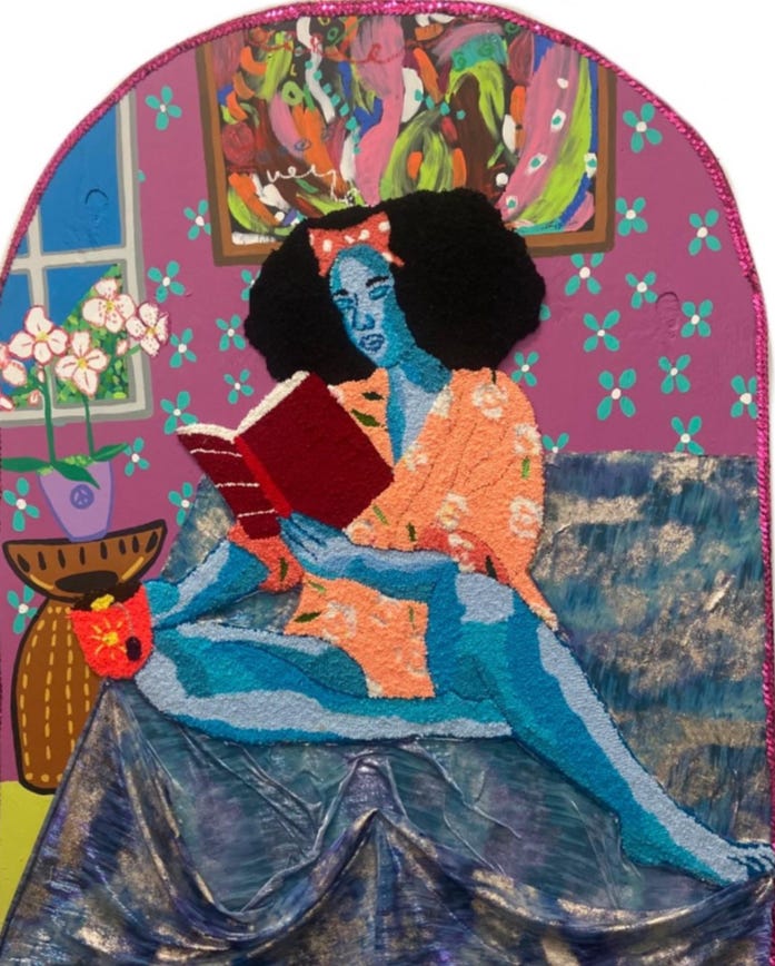 Blue figure reading on a couch in a patterned room, rendered in punch-needled fiber and paint.